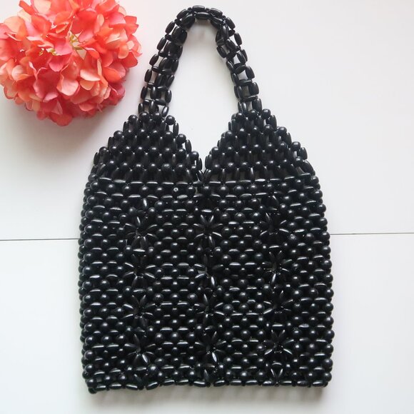Handmade Black Wooden Beaded Tote Shoulder Bag Vintage Boho - Picture 2 of 10